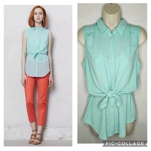 Anthropologie Maeve Sleeveless Aqua Button-Up Tie-Front Blouse